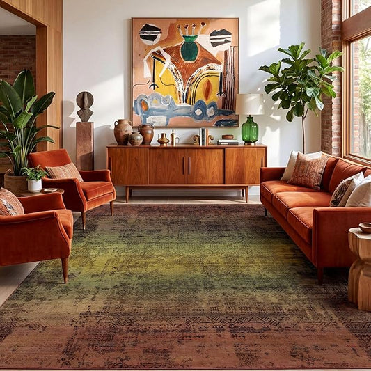 Kokia Abstract Terracotta Area Rugs 8x10 Bedroom Soft Living Room Rugs Washable Distressed Vintage Comfy Carpet with Non-Slip Backing for Farmhouse Home Office Room Decor, Brown and Tan
