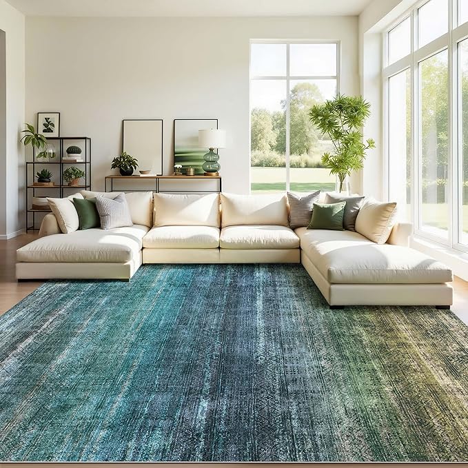 Kokia Abstract Teal Area Rugs 10x14 Bedroom Washable Decor Low Pile Non-Slip Non-Shedding Indoor Carpet Foldable Stain Resistant Floor Living Room Dining Room, Blue and Green