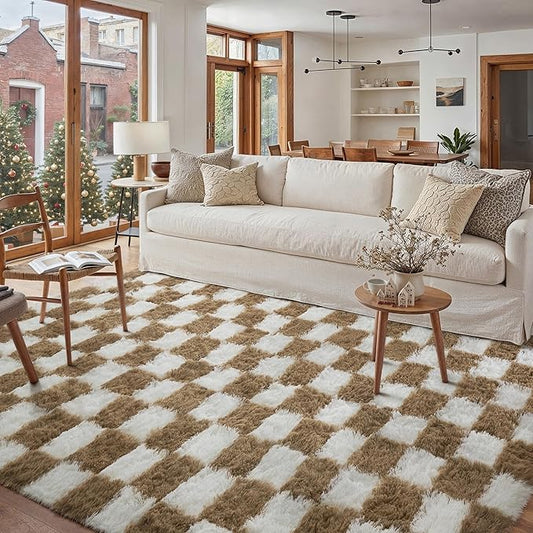 Checkered Rug 7x10 for Living Room, Beige and White Modern Shag Rug Washable Non-Slip Large Area Rug Super Soft Indoor Fuzzy Carpet Fluffy Rugs for Bedroom Home Aesthetic Decor