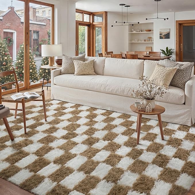 Checkered Rug 6x9 for Living Room, Beige and White Modern Shag Rug Washable Non-Slip Large Area Rug Super Soft Indoor Fuzzy Carpet Fluffy Rugs for Bedroom Home Aesthetic Decor