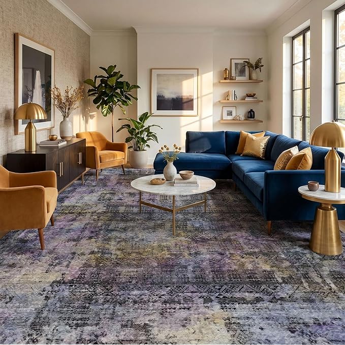 Kokia Abstract Area Rugs 10x14 Bedroom Washable Decor Low Pile Non-Slip Non-Shedding Indoor Black Purple Carpet Foldable Stain Resistant Floor Living Room Dining Room, Violet and Slate Blue