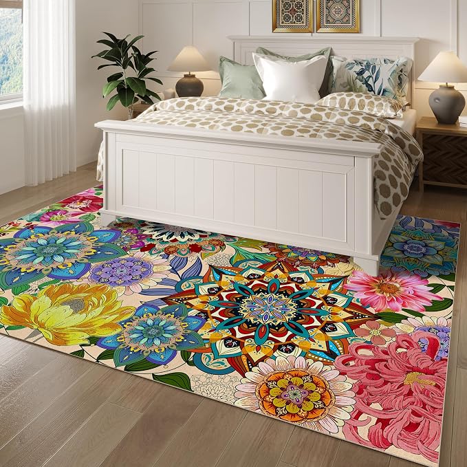 Boho Floral Rug for Living Room 5'x7', Non-Slip Machine Washable Farmhouse Floor Carpet Colorful Flowers Area Rugs for Bedroom Dining Room Boho Home Decor Aesthentic