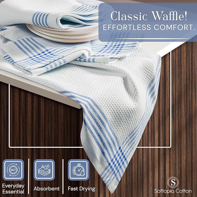 Waffle White & Sky Blue Kitchen Towels 4 Pack, 100% Cotton 16x26 inches, Quick Dry Bar Mop Towel, Super Absorbent Wash Cloths for Cleaning, Drying Dishes, Long Lasting Dishcloth