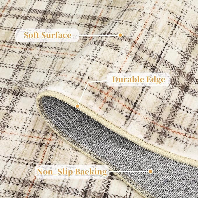 Tartan Plaid Washable Runner Rug 2.5x12 Non Slip Kitchen Rugs Modern Beige Indoor Entryway Rug Soft Bath Mat Stain Resistant Carpet for Bedroom Hallway Laundry 2'6''x12' Beige