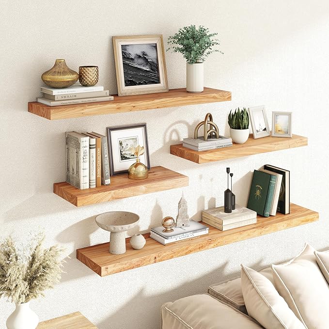 RICHFOCUS Elm Floating Shelves for Wall - 30" W x 9.3" D Rustic Solid Wood Shelves with Invisible Bracket, Wall-Mounted for Living Room, Bedroom, Kitchen Storage & Display, Set of 2, Natural