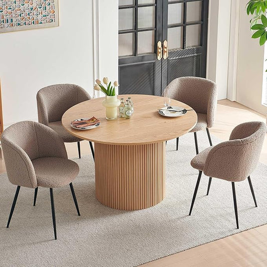 5 Piece Modern Round Dining Table and 4 Brown Barrel Kitchen Chairs Set, 47" Kitchen Coffee Table Wooden with Oak Veneer Tabletop, Faux Fur Sherpa Round Dining Chairs Table Set, Metal Frame