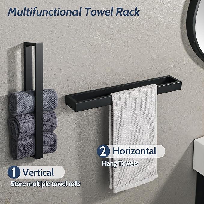 Sayayo Matte Black Towel Bar for Bathroom, 16 Inch Hand Towel Holder Wall Mount Square Towel Ring SUS304 Stainless Steel Towel Rack