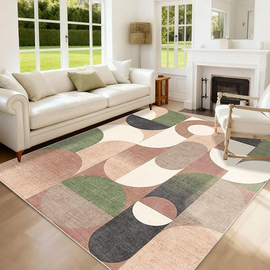 5x7 Area Rugs Modern Washable Rug for Living Room Bedroom,Large Retro Orange Geometric Non Slip Carpet for Dining Room Farmhouse Office