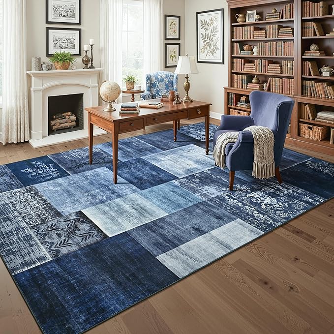 Tepook 8x10 Blue Area Rugs for Living Room, Modern Large Geometric Rug for Bedroom, Washable Patchwork Rug Indoor Non Slip Throw Carpets for Dining Room Office Farmhouse Home Decor