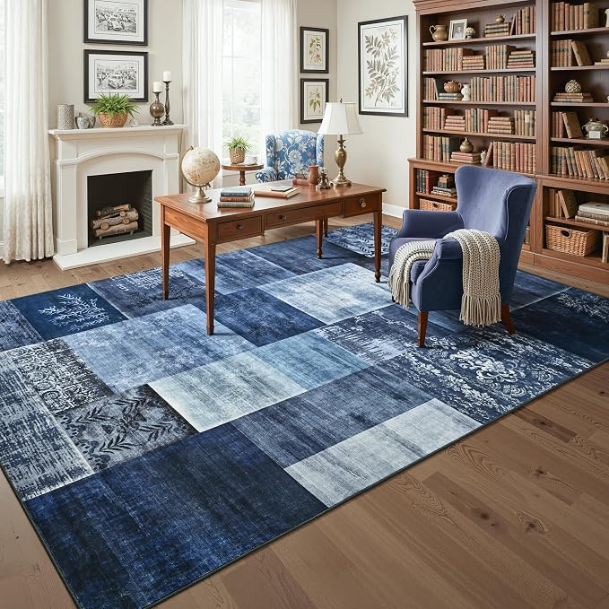 Tepook 6x9 Blue Area Rugs for Living Room, Modern Large Geometric Rug for Bedroom, Washable Patchwork Rug Indoor Non Slip Throw Carpets for Dining Room Office Farmhouse Home Decor