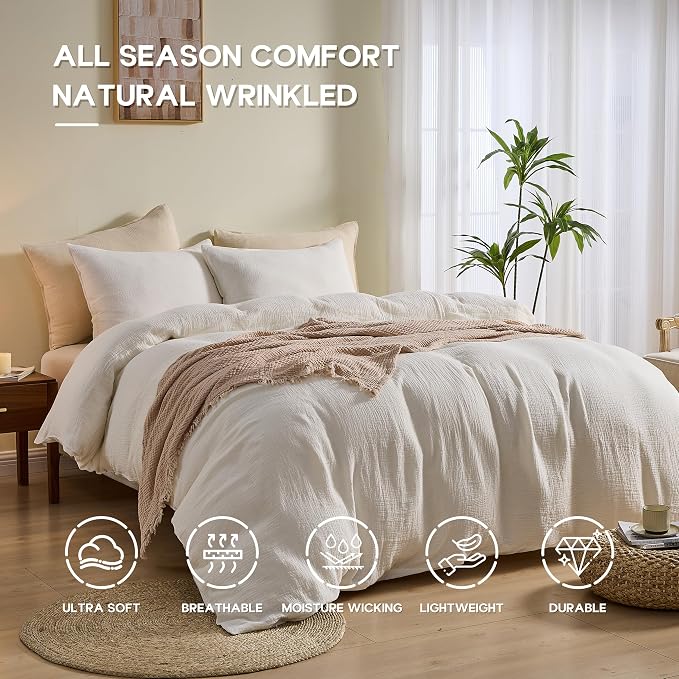 Simple&Opulence Linen Muslin Duvet Cover Set King Size, 3Pcs White Linen Cotton 3-Layer Gauze Minimalist Comforter Cover 104”x92”, Ultra Soft Breathable Seersucker Bedding Set with 2 Pillowcases