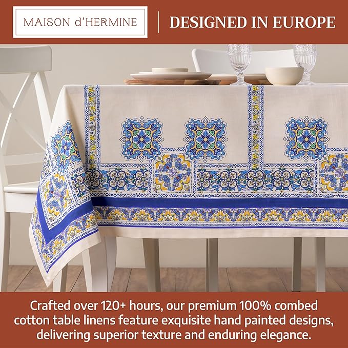 Maison d' Hermine Premium Table Cloth Rectangle Table 100% Combed Cotton 108 x 70 Inches Tablecloth Reusable Decorative for Dining Room, Farmhouse, Home, Party, Festive & Wedding - Sciacca
