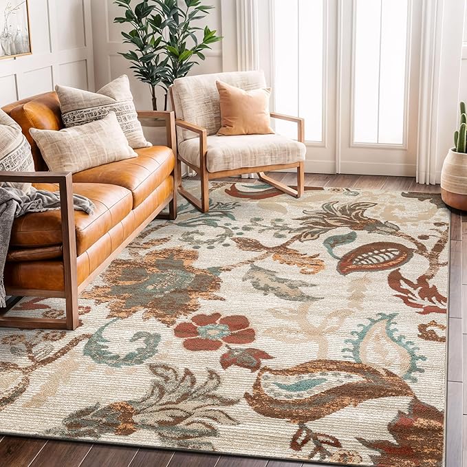 Rugshop Beige Floral Area Rug 5x7- Vintage Botanical Indoor Carpet for Living Room, Bedroom, or Dining Room – Non-Shedding, Soft Low-Pile Traditional Rug 5' x 7'