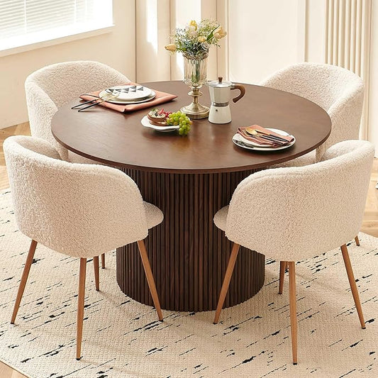 5 Piece 47-inch Round Dining Table Set for 4, Rustic Walnut Dinner Table with Upholstered Sherpa Dining Room Chairs Set, Engineered Wood Kitchen Table with Wood Strips Base