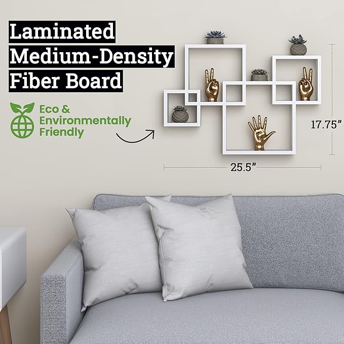 Greenco 4 Cube Intersecting Shelves, Easy-to-Assemble Floating Wall Mount Shelves for Bedrooms and Living Rooms, Rustic White Finish