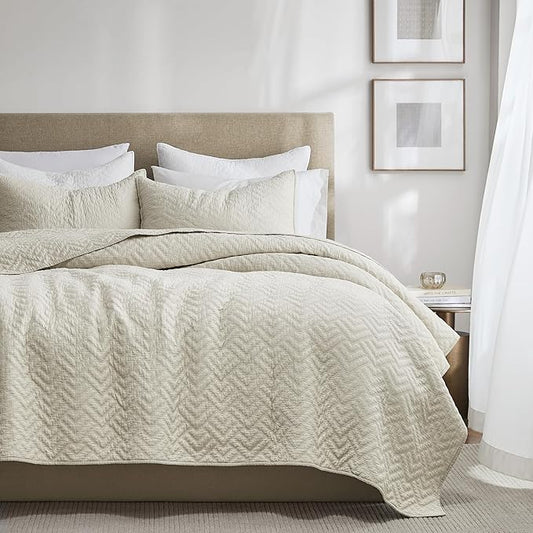 palassio Beige 100% Cotton Quilt California Cal King Size Bedding Sets with 2 Pillow Shams, Oversized Lightweight Textured Farmhouse Bedspread Soft Shabby Chic Coverlet for All Season, 3 Pieces