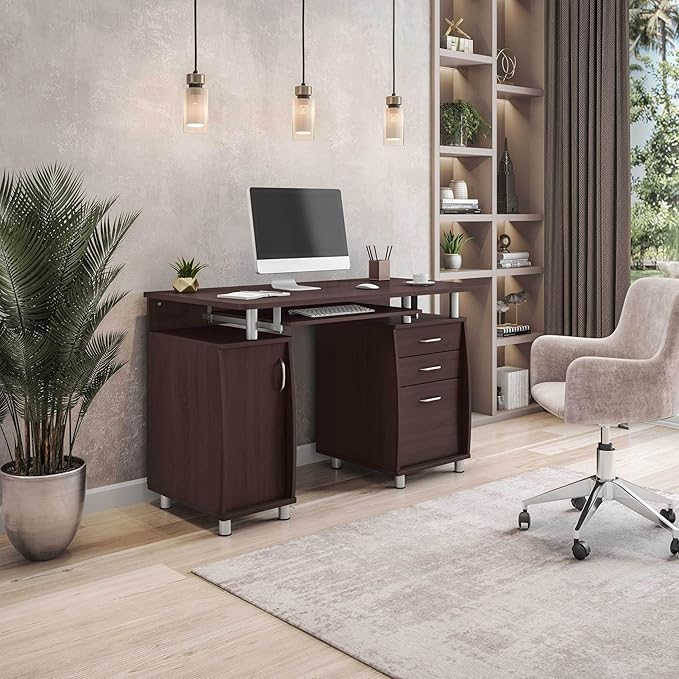Techni Mobili 48'' W Computer Desk with File Cabinet and Drawers, Storage Cabinet with Removable Shelf and Ventilation for CPU, Home Office Desk or Computer Workstation with Keyboard Tray, Chocolate