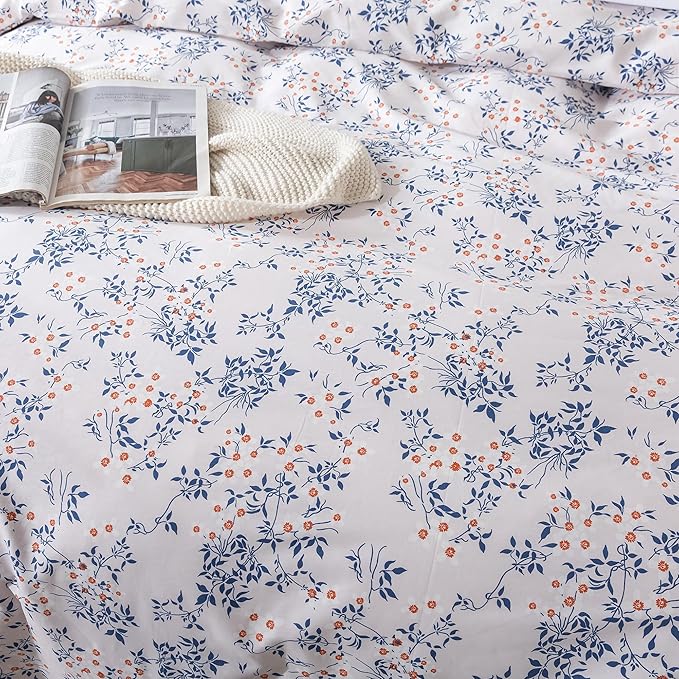 HoneiLife King Size Duvet Cover - 100% Cotton Comforter Cover, Soft & Breathable Floral Bedding Duvet Cover Sets with Zipper Closure & Corner Ties, 3-PC Wildflower Comforter Cover Sets, Blue Leaves