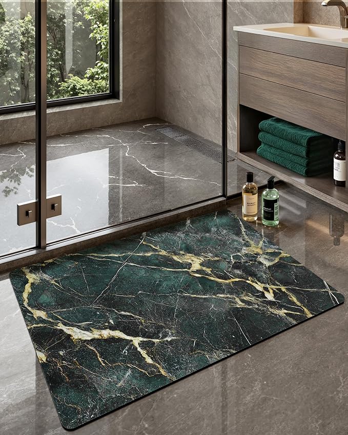 Color&Geometry Ultra Thin Bath Mat, Non Slip Quick Dry Rugs, 16"x24",Absorbent Marble Bathmat,Washable Rubber Mats for Shower Floor,in Front of Bathtub,Bathroom Decor,Emerald Green Marble-Patterned