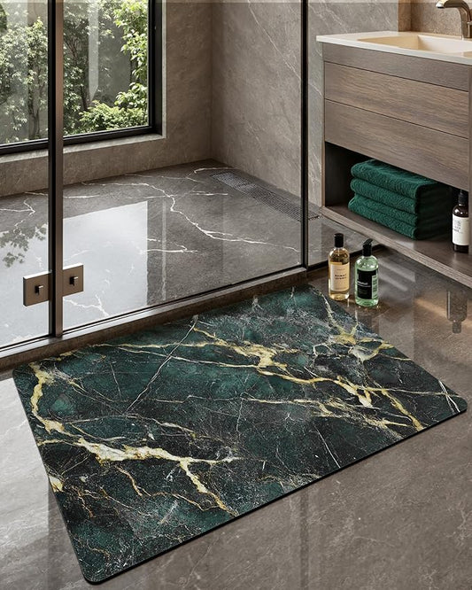 Color&Geometry Ultra Thin Bath Mat, Non Slip Quick Dry Rugs, Absorbent Marble Bathmat,24"x36",Washable Rubber Mats for Shower Floor,in Front of Bathtub,Bathroom Decor,Emerald Green Marble-Patterned