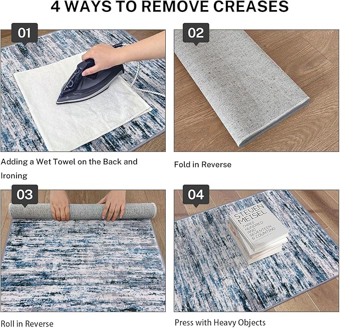 Lansny Modern Abstract Runner Rug 2.6x12, Grey Blue White Washable Long Kitchen Runner Non-Slip Soft Hallway Rug Runner Thin Print Faux Wool Carpet for Entryway Bedroom Laundry Room Indoor Home Decor