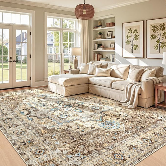 Area Rug 9x12 Vintage Rug: Large Washable Indoor Medallion Rugs Low Pile Distressed Floor Carpet Retro Accent Rug for Living Room Bedroom Kitchen Dining Table Home Office(Brown/Blue, 9'x12')