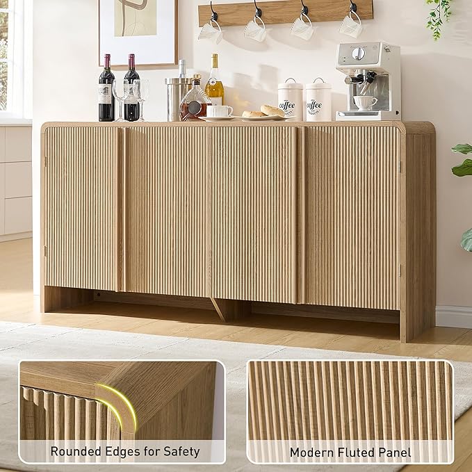AMERLIFE 63" Fluted Sideboard Buffet Cabinet with Storage, Modern Credenza Console with 4 Doors & Adjustable Shelves, Wood Coffee Bar for Kitchen, Living Room, Hallway, Natural Oak