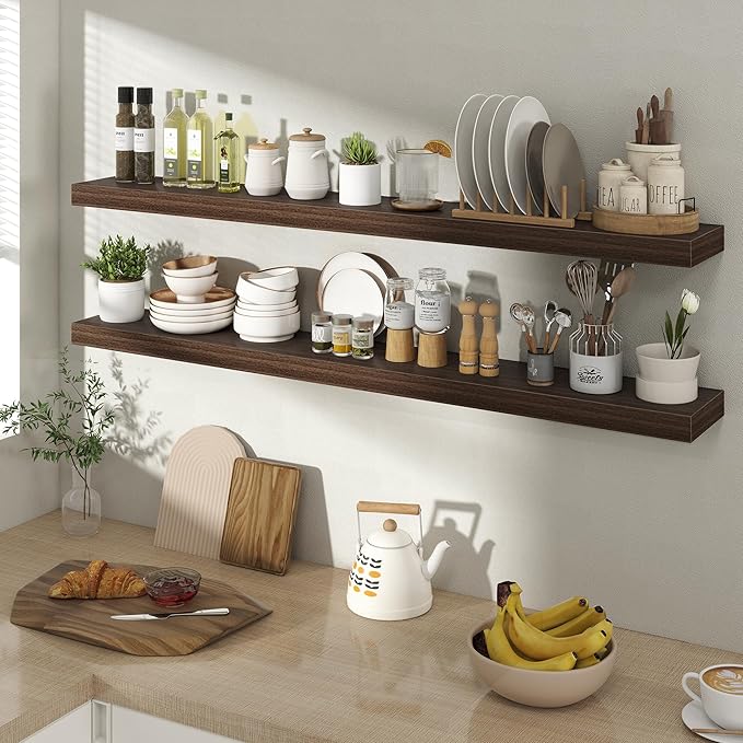 48 Inch Floating Shelves for Wall 2 Pack, 48" Wall Shelves for Books, Storage, Decor, Wall Mounted Floating Shelf with Invisible Brackets for Kitchen, Living Room, Walnut