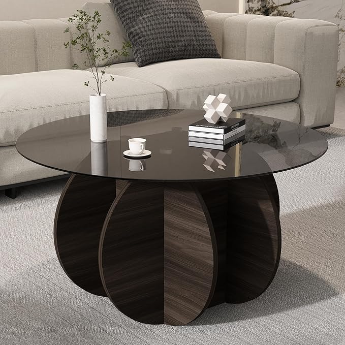 Glass Coffee Table, Round Coffee Table with Petal-Inspired Base, Modern Minimalist Coffee Table for Decoration, Gray Coffee Tables for Living Room, Study Room, Office