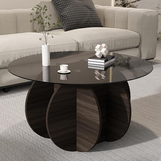 Glass Coffee Table, Round Coffee Table with Petal-Inspired Base, Modern Minimalist Coffee Table for Decoration, Gray Coffee Tables for Living Room, Study Room, Office