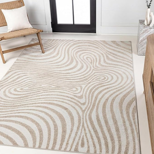 JONATHAN Y Maribo High-Low Abstract Striped Beige/Cream 5x8 Indoor/Outdoor Area Rug for Patio, Backyard, Living Room, Bedroom, Office, Hose-Washable (SCN103D-5)