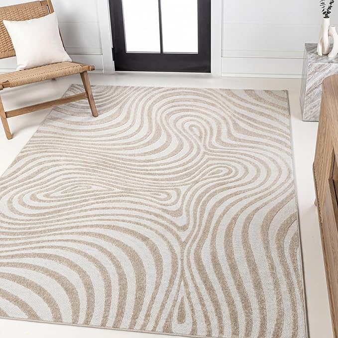 JONATHAN Y Maribo High-Low Abstract Striped Beige/Cream 8x10 Indoor/Outdoor Area Rug for Patio, Backyard, Living Room, Bedroom, Office, Hose-Washable (SCN103D-8)