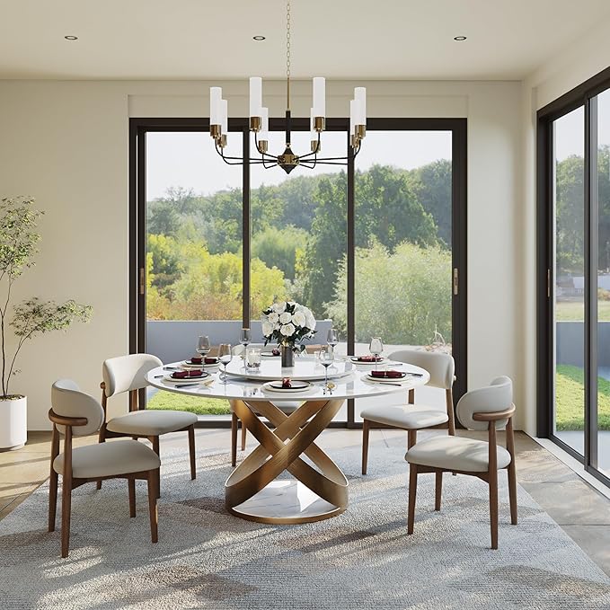 POVISON 59" Modern Round Dining Table with Lazy Susan, White Round Kitchen Table for 6, Sintered Stone Dining Room Table top with Bronze X Carbon Steel Base (Dining Table Only)