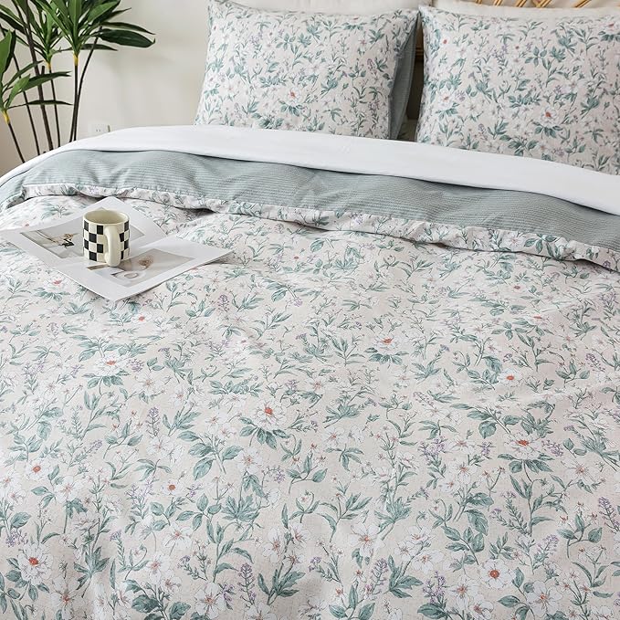 HoneiLife Floral Duvet Cover Queen - 100% Cotton Comforter Cover, Soft Botanical Bedlinen Set with Zipper Closure & Corner Ties,3-Piece Wildflower Comforter Cover Sets, Greenery