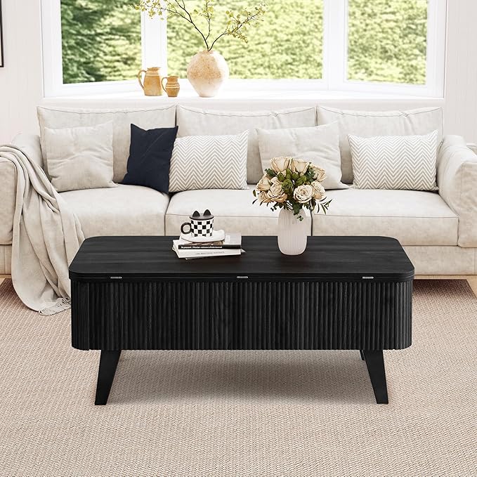 Fluted Lift Top Coffee Table, 3 in 1 Convertible Coffee Tables Converts to Dining Tables, Modern Oval Wooden Center Table with Storage for Living Room Office Small Space, Partial Assembly (Black)