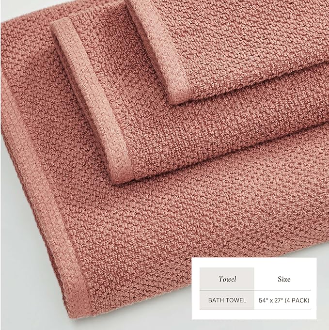 Great Bay Home 100% Cotton 4 Pack 54x27 Bath Towel Set - Absorbent, Quick-Drying, Durable Towels for Bathroom Decor - Low-Twist, Two-Ply Fibers (Desert Rose)