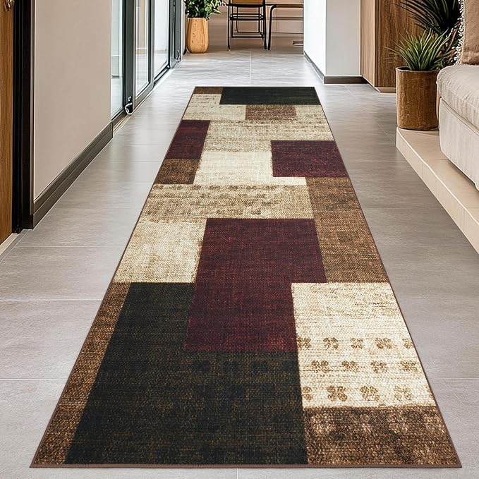 Modern Geometric Patchwork Indoor Runner Rug for Living Room, Red 2.7'x 10' Rug Rockwood Collection Hardwood Floors Decor for Bedroom, Burgundy Throw Carpet for Office Entryway Dining Room