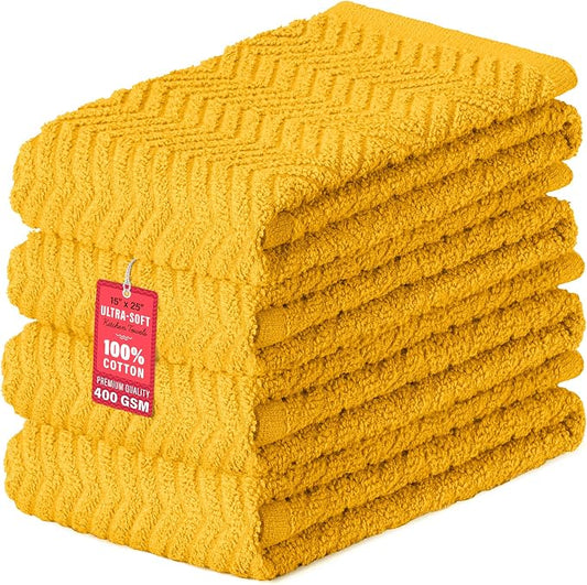 DecorRack 4 Pack Kitchen Towels, 100% Cotton Dish Towels, 15 x 25 Inch Absorbent Kitchen Towels for Drying Dishes, Hand Towels, Kitchen Cleaning Cloths, Mustard (Set of 4)