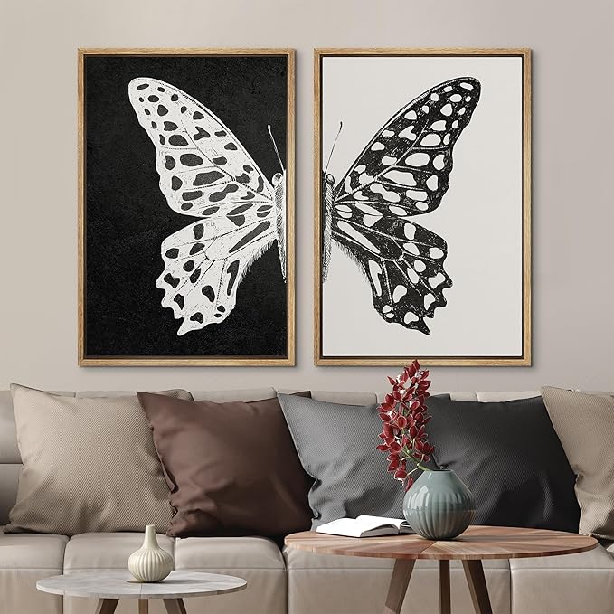 MUDECOR Framed Canvas Wall Art Black and White Butterfly Prints Minimalist Modern Art Boho Wall Decor for Bedroom - 24"x36"x2 Natural