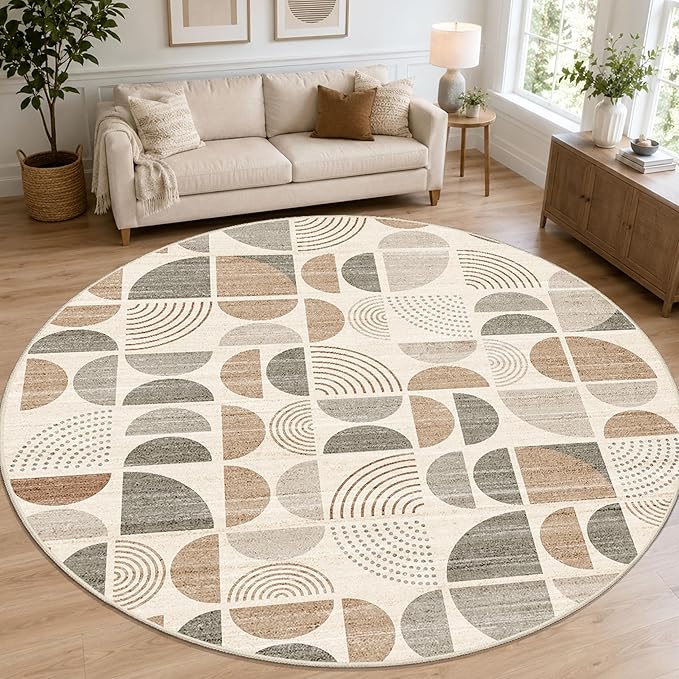 MUJOO Round Rugs 9ft,Circle Area Rug Washable,Circular Rugs for Living Room Dining Room,Large Boho Non Slip Throw Floor Carpet Modern Abstract Bohemian Neutral Beige