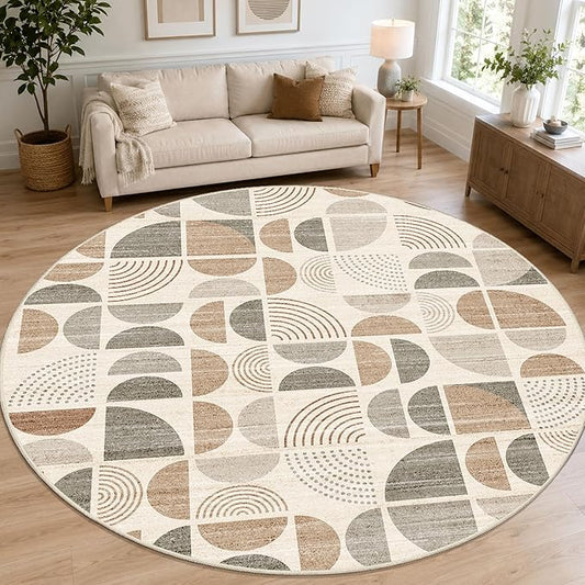 MUJOO Round Rugs 9ft,Circle Area Rug Washable,Circular Rugs for Living Room Dining Room,Large Boho Non Slip Throw Floor Carpet Modern Abstract Bohemian Neutral Beige
