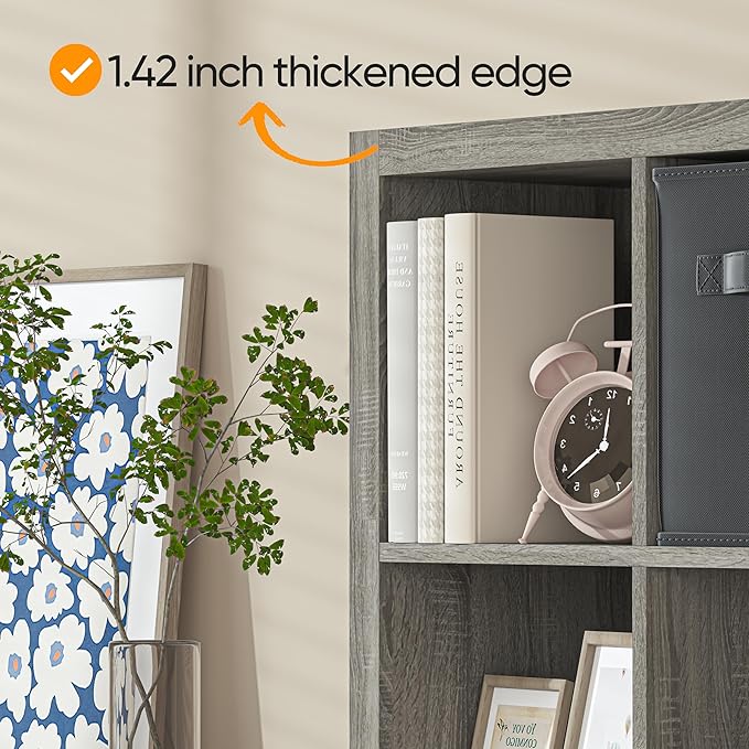 furtble Bookshelf with Storage Bins, 16-Cube Storage Organizer with Back Panels, Modern Wood Open Bookcase, Multifunctional Display Shelf for Living Room, Bedroom, Home Office, Gray Oak