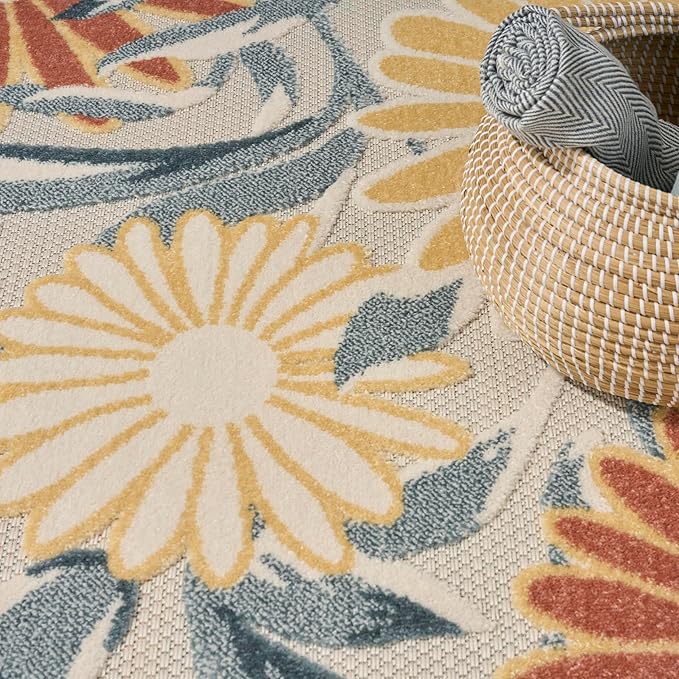 Nourison Home Aloha Ivory Rose 5'3" x 7'5" Area Rug - Easy Clean, Non Shedding, Bed Room, Living Room, Dining Room, Kitchen (5' x 8')
