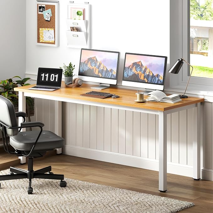 Need 63 Inch Large Computer Desk - Modern Simple Style Home Office Gaming Desk, Basic Writing Table for Study Student, Work from Home Table, Large Legroom, White Metal Frame, Teak