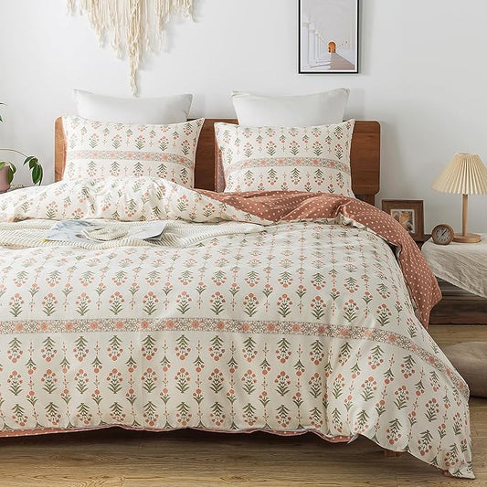 HoneiLife King Duvet Cover Set - 100% Cotton Comforter Cover Floral Duvet Cover Sets,Soft & Breathable Duvet Cover with Zipper Closure and Corner Ties,3pcs Wildflower Comforter Cover Sets-Sweet Grass
