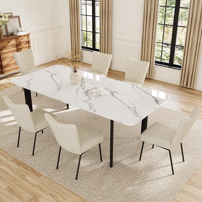 Extendable Dining Table Set for 6-8 People, 63 to 78.7 Inch MDF Kitchen Table with 6 Dining Fabric Chairs, Space-Saving for Dining Room, Breakfast Nook (White Table & 6 Beige Fabric Chairs)
