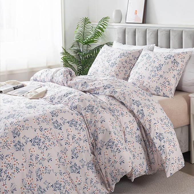HoneiLife King Size Duvet Cover - 100% Cotton Comforter Cover, Soft & Breathable Floral Bedding Duvet Cover Sets with Zipper Closure & Corner Ties, 3-PC Wildflower Comforter Cover Sets, Blue Leaves