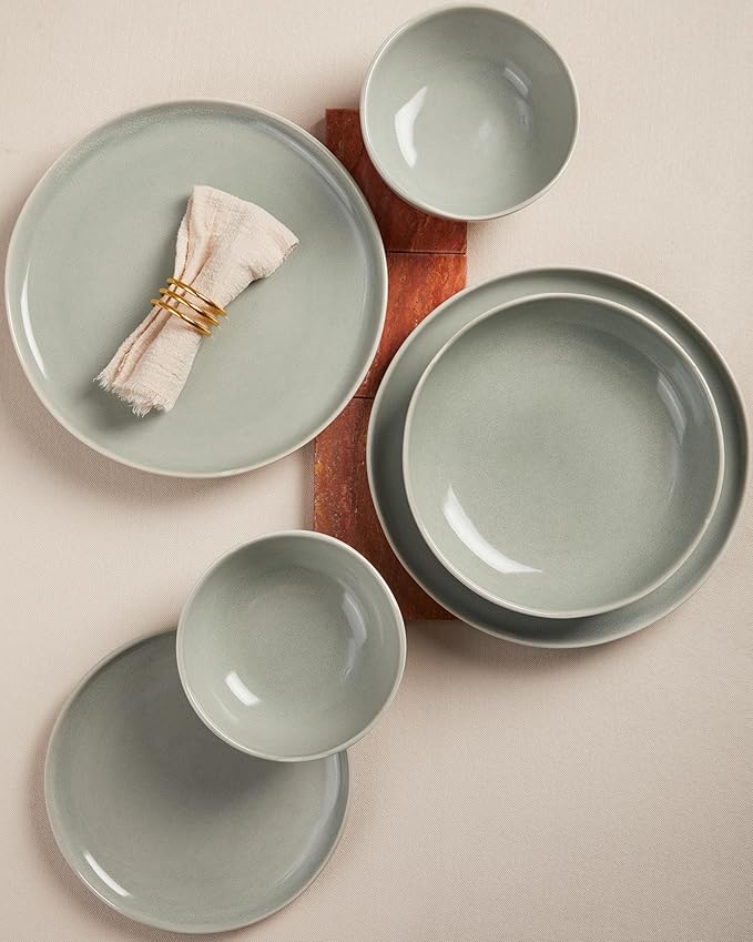 Ceramic Plates and Bowls Set, Everyday Dinnerware Set for 4, Wavy Rim Kitchen Dish Set, Chip Resistant Dishware Sets, Dishwasher Safe Dinner Set, Designed for Simple Meals, Gray Green