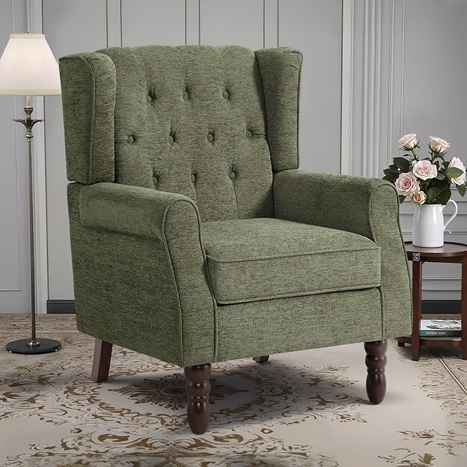 Lumibee High Back Accent Chair,Upholstered Wingback Armchair with Solid Wood Legs for Small Spaces,Comfy Single Sofa Chair for Living Room,Bedroom,Office-Green