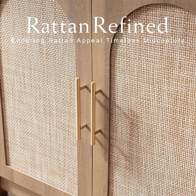 RowyPoey Rattan Arched Cabinet Bookshelf - 69.3” Tall Mid Century Display Cabinet, Rounded Bookcase with Rattan Doors, Open Shelf Storage for Dining Room (Caramel Oak, 1 PC)